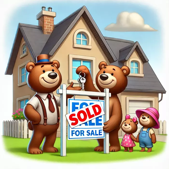 Cheerful bears exchanging keys in front of a house, symbolizing the positive outcomes of selling a home through Homes by Black Bear under New Jersey's S3192 law.