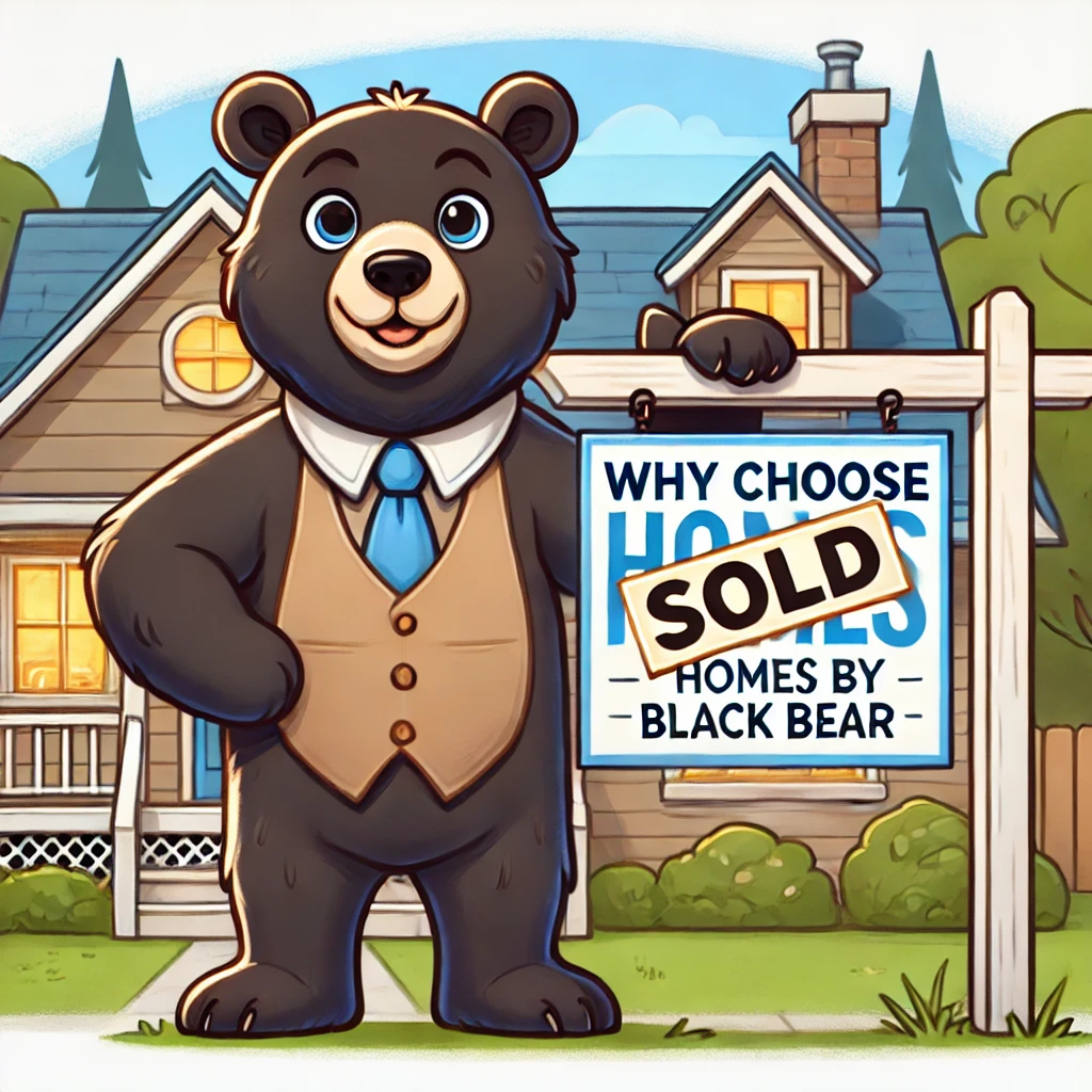 Why Choose Homes by Black Bear - Trusted Real Estate Partner Welcoming bear standing proudly in front of a house with a 'Sold' sign, symbolizing trust and reliability of Homes by Black Bear.