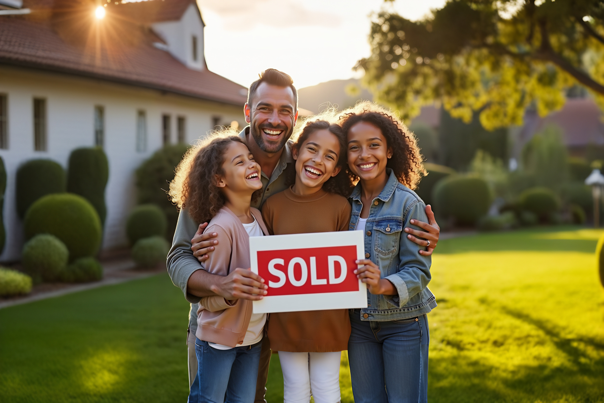 Father and three young daughters celebrating the sale of their home as-is, holding a sold sign.